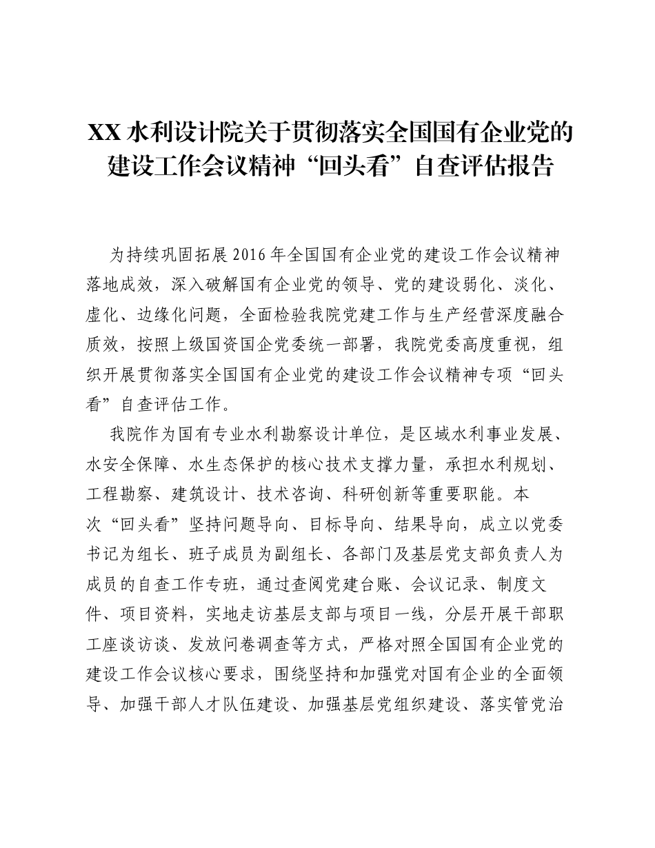 XX水利设计院关于贯彻落实全国国有企业党的建设工作会议精神回头看自查评估报告2.docx_第1页