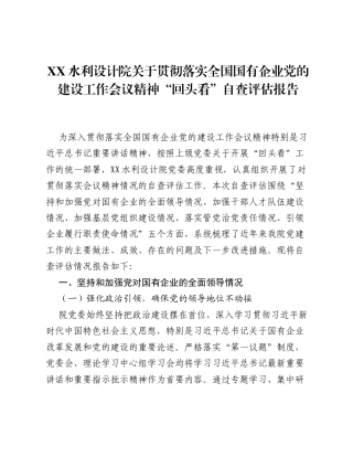 XX水利设计院关于贯彻落实全国国有企业党的建设工作会议精神回头看自查评估报告3.docx