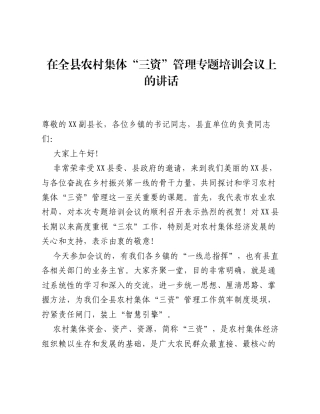 在全县农村集体 三资 管理专题培训会议上的讲话.docx