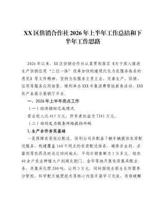 XX区供销合作社2026年上半年工作总结和下半年工作思路.docx