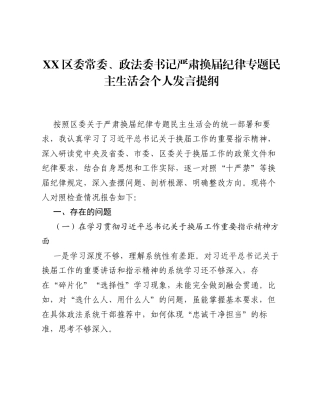 XX区委常委、政法委书记严肃换届纪律专题xxxxx个人发言提纲3.docx