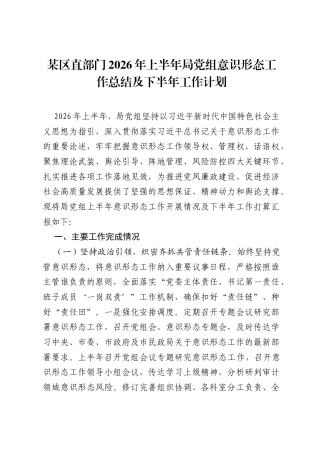 某区直部门2026年上半年局党组意识形态工作总结及下半年工作计划.docx