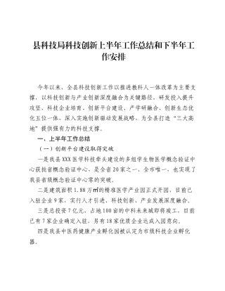 县科技局科技创新上半年工作总结和下半年工作安排.docx