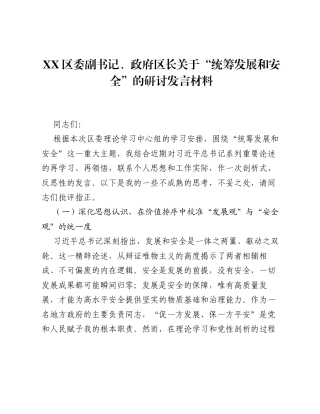XX区委副书记、政府区长关于 统筹发展和安全 的研讨发言材料.docx