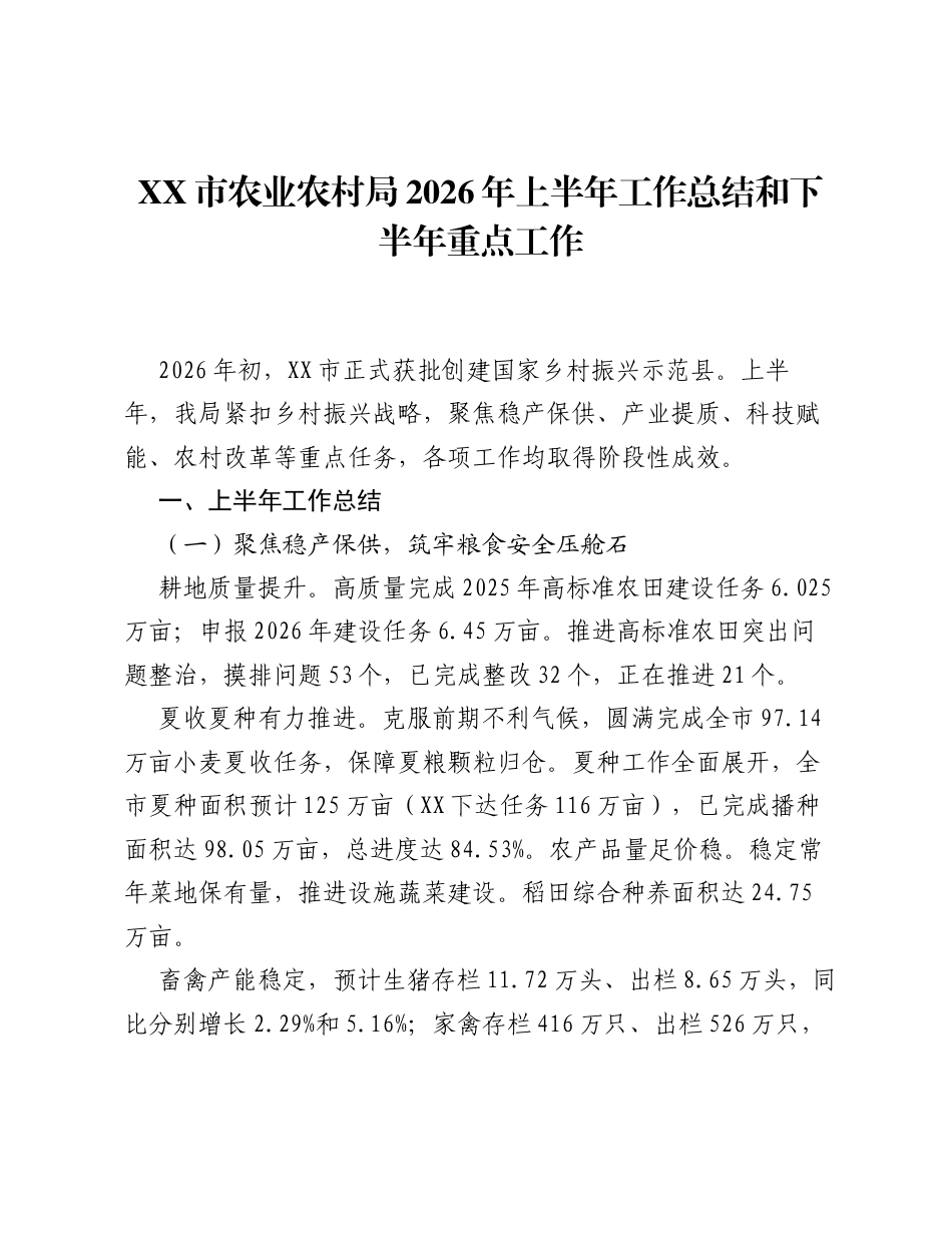 XX市农业农村局2026年上半年工作总结和下半年重点工作.docx_第1页