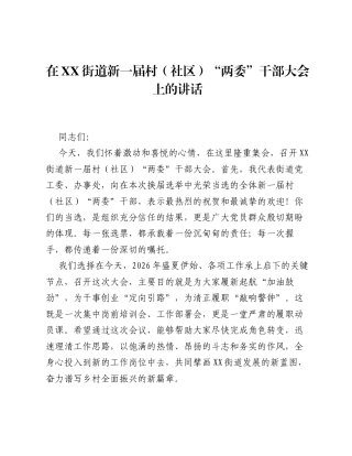 在XX街道新一届村（社区）两委 干部大会上的讲话.docx
