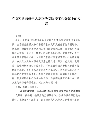 在XX县未成年人夏季治安防控工作会议上的发言.docx