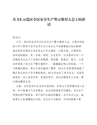 在XX示范区全区安全生产警示教育大会上的讲话.docx