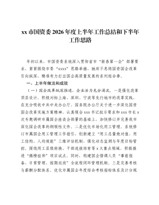 xx市国资委2026年度上半年工作总结和下半年工作思路.docx