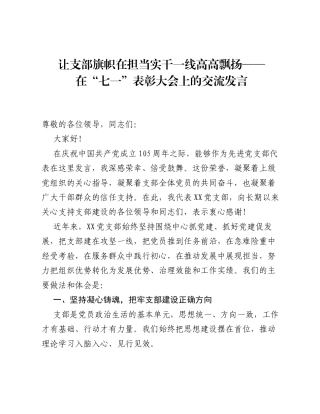 七一表彰大会上的交流发言：让支部旗帜在担当实干一线高高飘扬.docx
