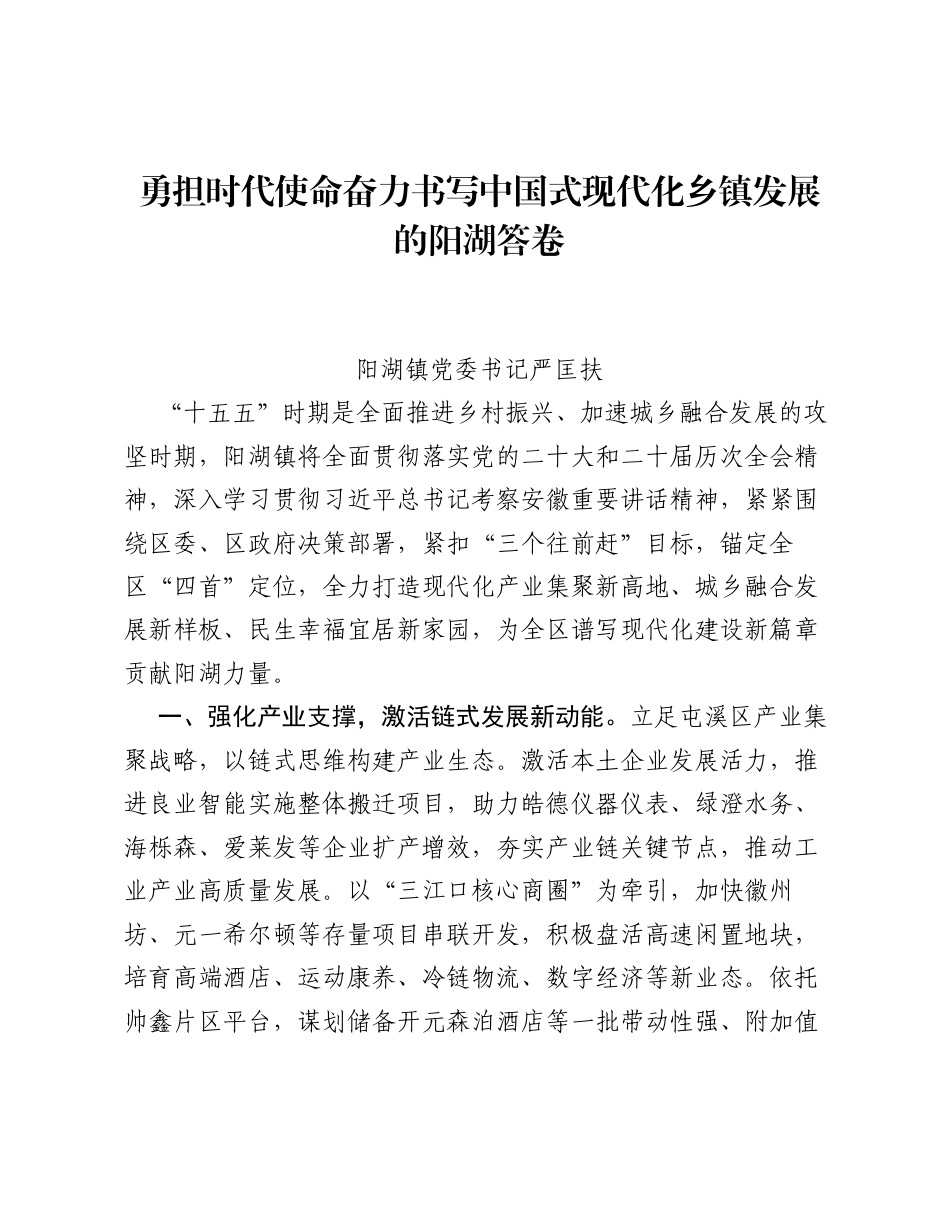 乡镇党委书记十五五学习研讨材料：勇担时代使命 奋力书写中国式现代化乡镇发展的阳湖答卷（1041字）.docx_第1页