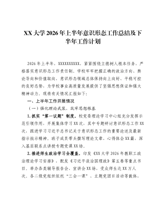 XX大学2026年上半年意识形态工作总结及下半年工作计划.docx