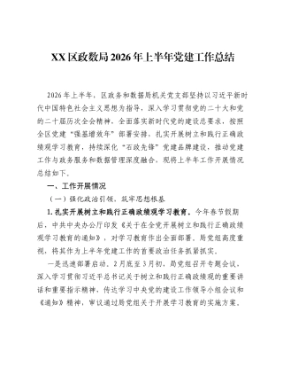 XX区政数局2026年上半年党建工作总结.docx