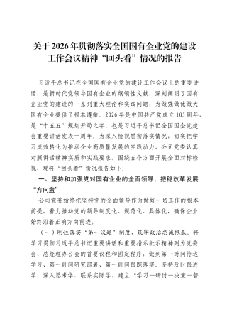 关于2026年贯彻落实全国国有企业党的建设工作会议精神回头看情况的报告.docx