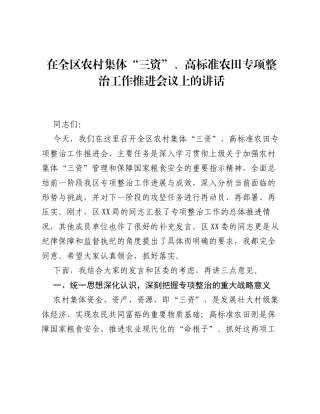 在全区农村集体 三资、高标准农田专项整治工作推进会议上的讲话.docx