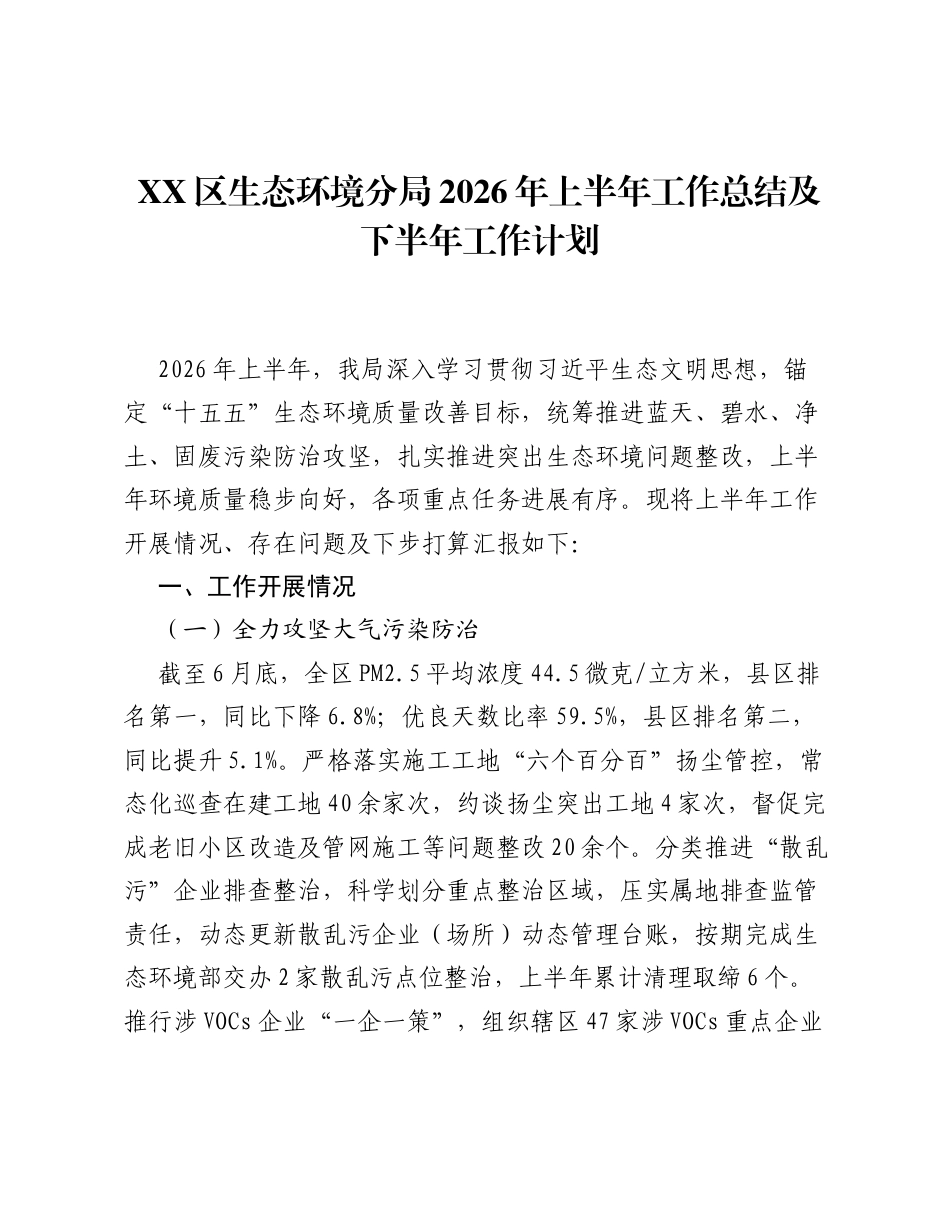 XX区生态环境分局2026年上半年工作总结及下半年工作计划.docx_第1页