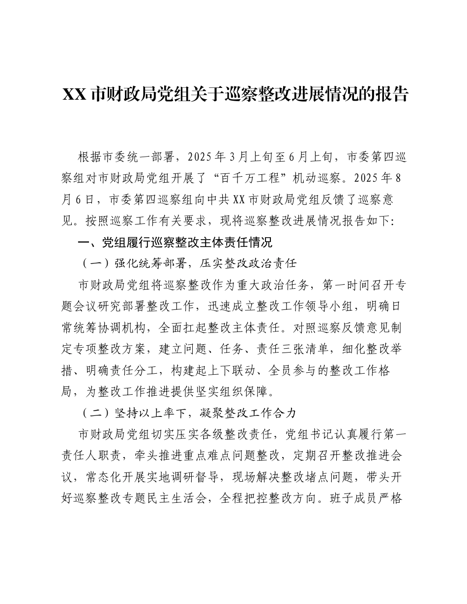 XX市财政局党组关于巡察整改进展情况的报告.docx_第1页