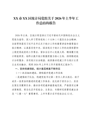 XX市XX区统计局党组关于2026年上半年工作总结的报告.docx