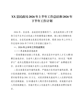 XX县民政局2026年上半年工作总结和2026年下半年工作计划.docx