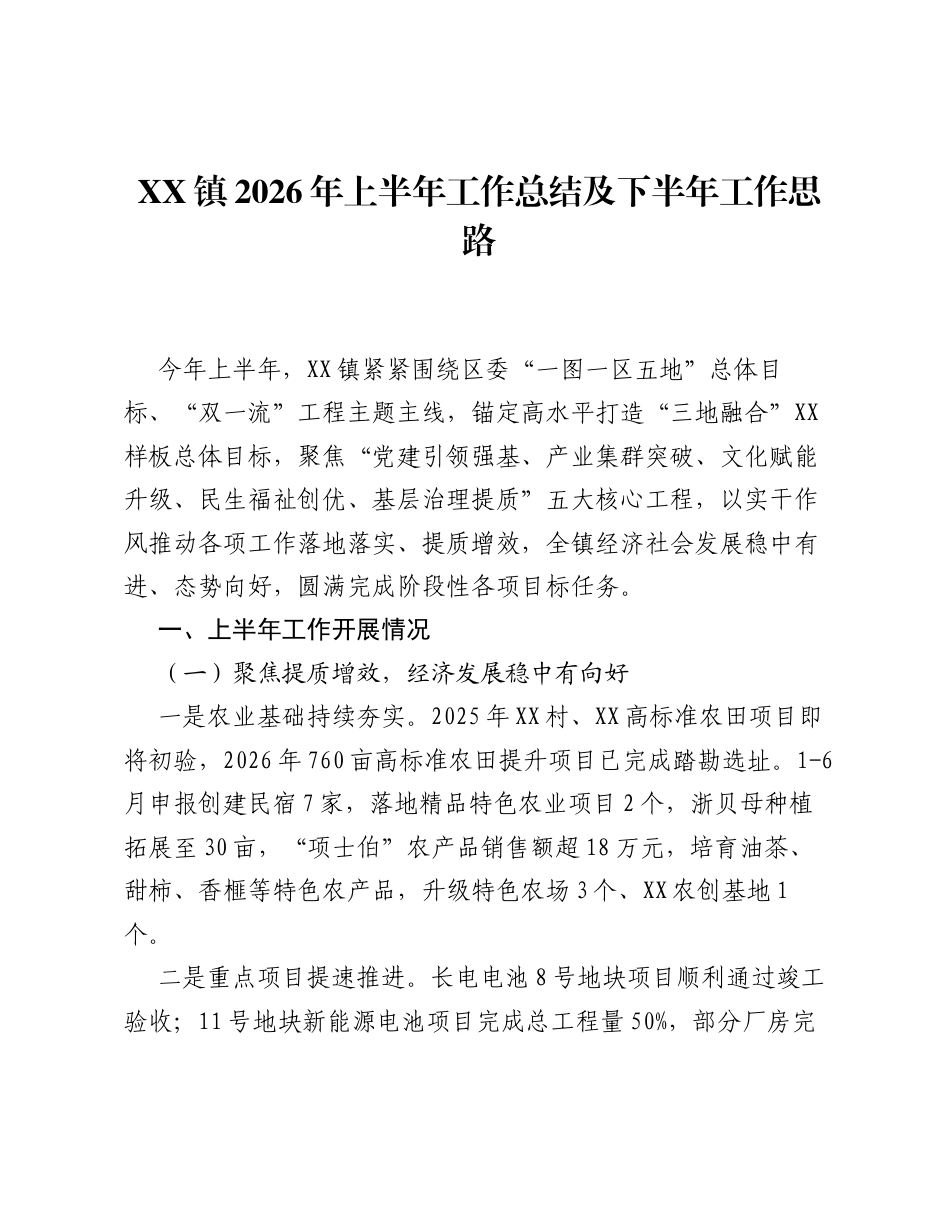 XX镇2026年上半年工作总结及下半年工作思路.docx_第1页