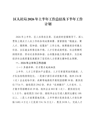 区人社局2026年上半年工作总结及下半年工作计划.docx