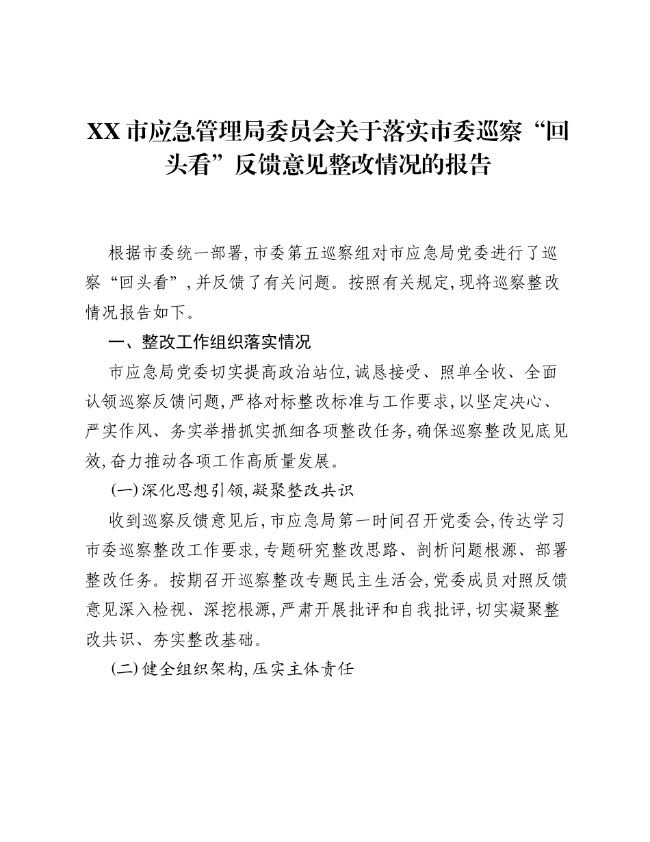 XX市应急管理局委员会关于落实市委巡察回头看反馈意见整改情况的报告.docx_第1页