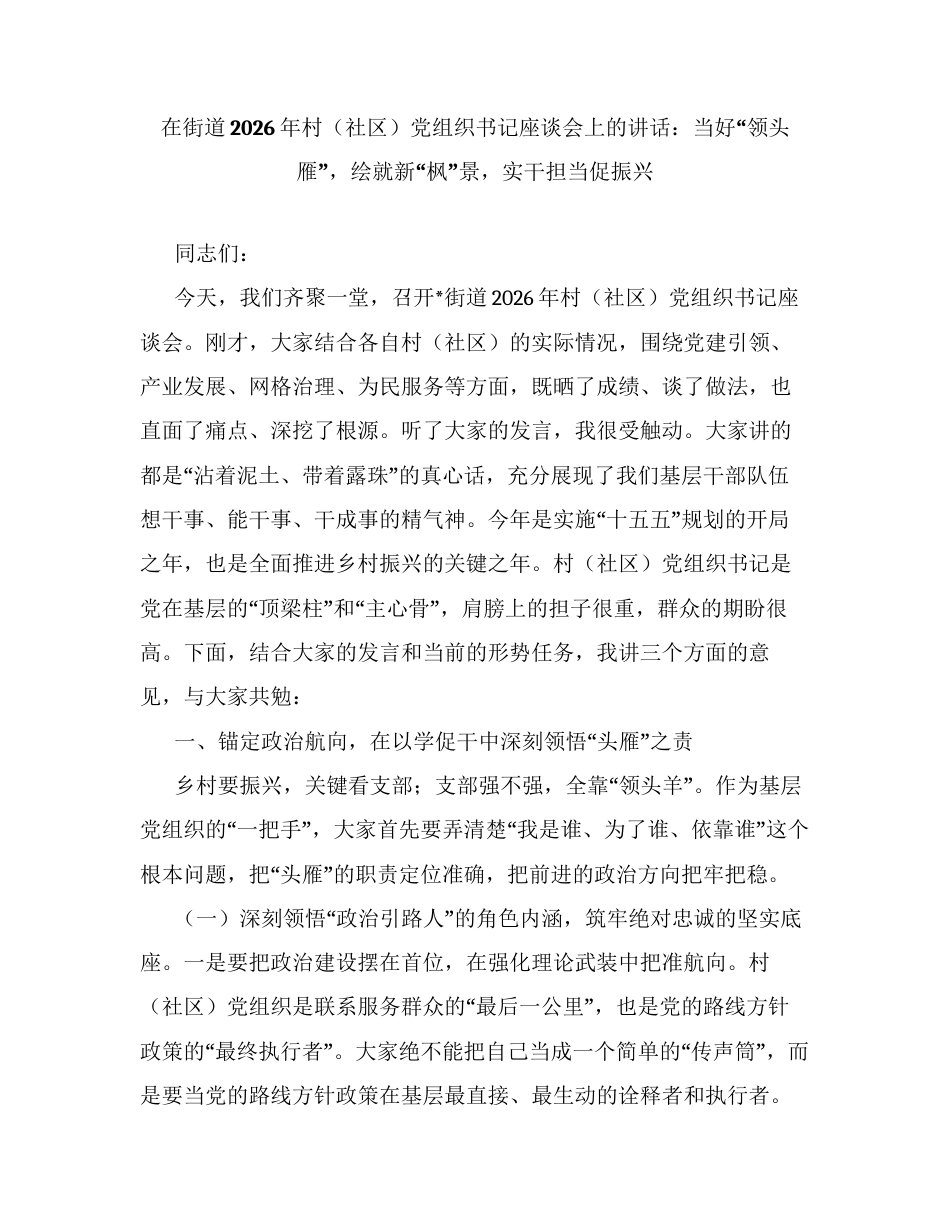 在街道2026年村（社区）党组织书记座谈会上的讲话：当好领头雁，绘就新枫景，实干担当促振兴.docx_第1页