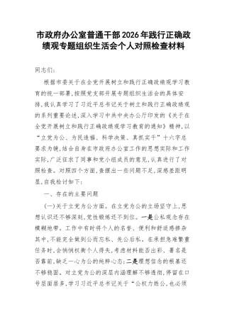 市政府办公室普通干部2026年践行正确政绩观专题组织生活会个人对照检查材料.docx