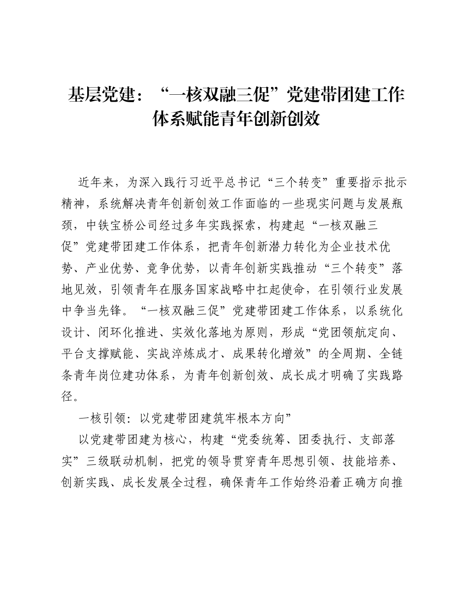 基层党建：一核双融三促党建带团建工作体系赋能青年创新创效.docx_第1页