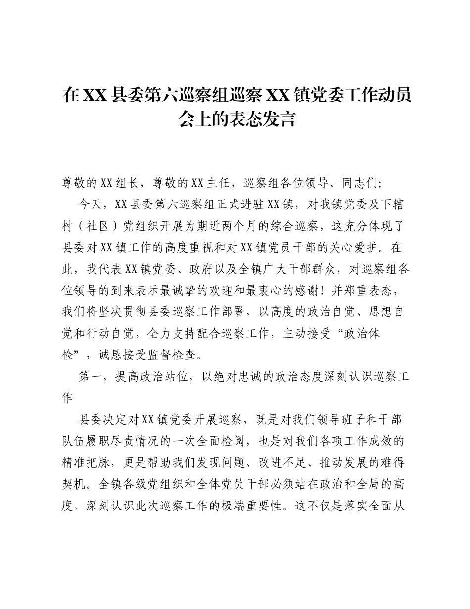 在XX县委第六巡察组巡察 XX 镇党委工作动员会上的表态发言.docx_第1页