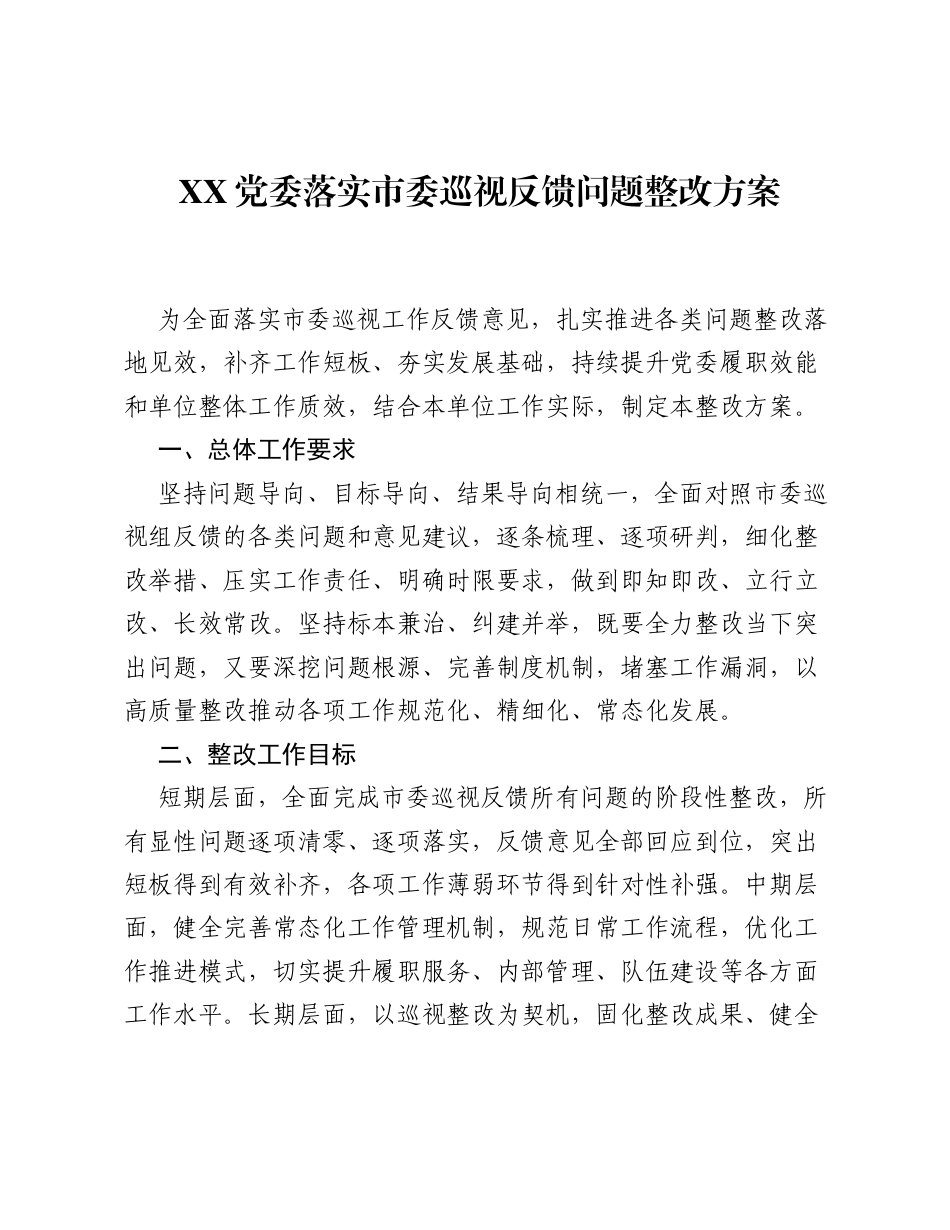 XX党委落实市委巡视反馈问题整改方案.docx_第1页