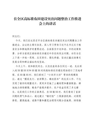 在全区高标准农田建设突出问题整治工作推进会上的讲话.docx