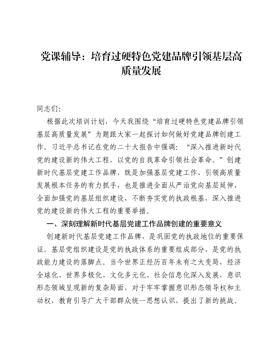 党课辅导：培育过硬特色党建品牌 引领基层高质量发展.docx_第1页