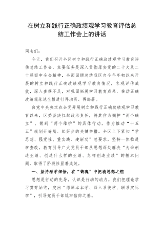 在树立和践行正确政绩观学习教育评估总结工作会上的讲话.docx