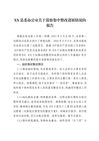 XX县委办公室关于巡察集中整改进展情况的报告.docx