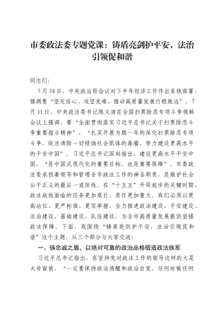 市委政法委专题党课：铸盾亮剑护平安，法治引领促和谐.docx