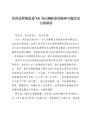 在传达贯彻县委XX书记调研讲话精神专题会议上的讲话.docx