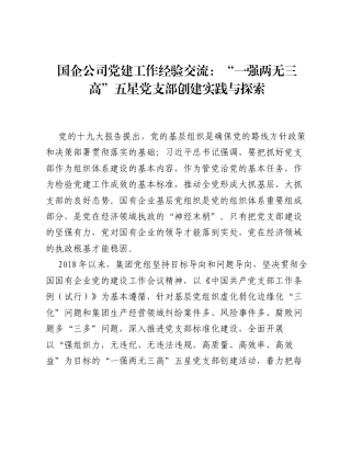 国企公司党建工作经验交流：一强两无三高五星党支部创建实践与探索.docx