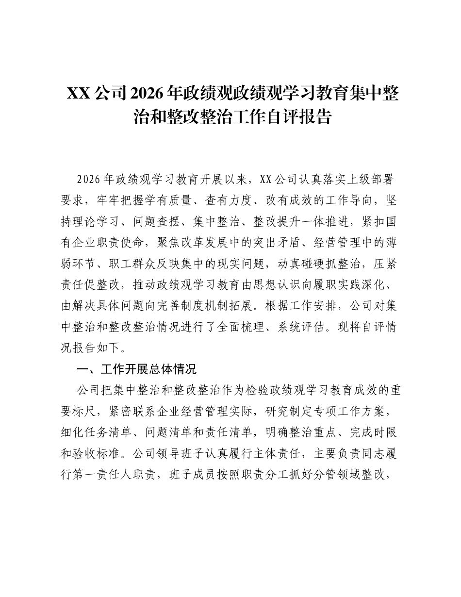 XX公司2026年ZJG学习教育集中整治和整改整治工作自评报告.docx_第1页