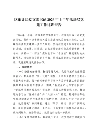 区审计局党支部书记2026年上半年抓基层党建工作述职报告.docx