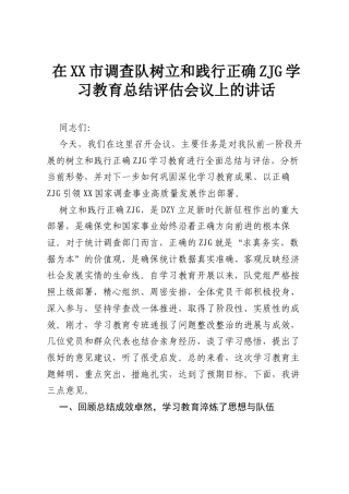 在XX市调查队树立和践行正确ZJG学习教育总结评估会议上的讲话.docx
