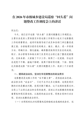在2026年市级城乡建设局巡察回头看问题整改工作调度会上的讲话.docx