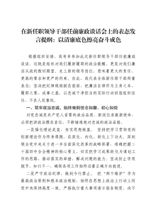 在新任职领导干部任前廉政谈话会上的表态发言提纲：以清廉底色擦亮奋斗成色.docx