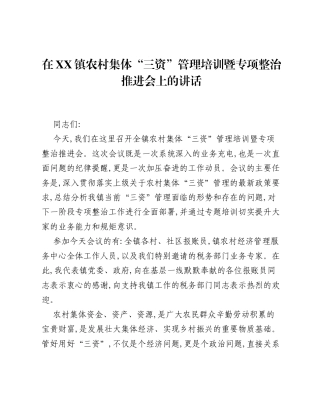 在XX镇农村集体三资管理培训暨专项整治推进会上的讲话.docx