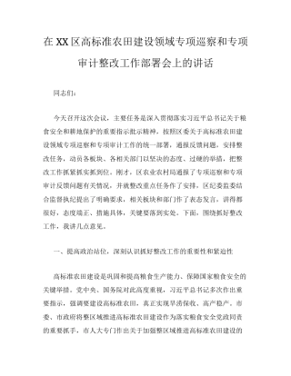 在XX区高标准农田建设领域专项巡察和专项审计整改工作部署会上的讲话.docx