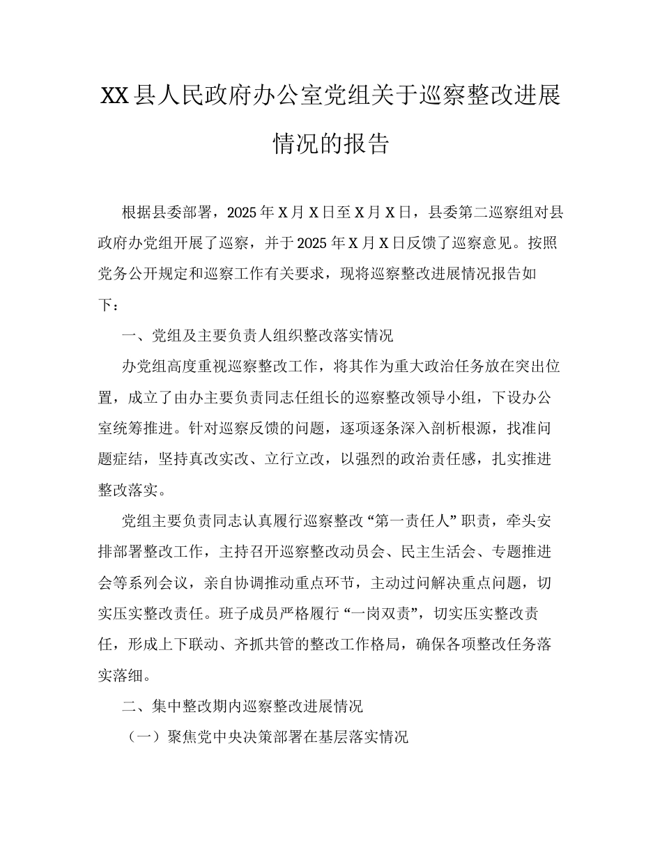 XX县人民政府办公室党组关于巡察整改进展情况的报告.docx_第1页