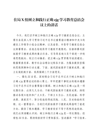 在局X组树立和践行正确ZJG学习教育总结会议上的讲话.docx